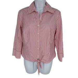 Ann Taylor Loft Pink Striped Tie Front Button Up Cropped Shirt Women's Size 10